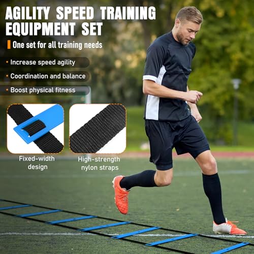 MUROZA Agility Ladder, Agility Speed Training Equipment Set, 20ft Speed Ladder, 12 Soccer Cones, 4 Hurdles, Jump Rope, Running Parachute, Soccer Football Basketball Training Equipment Accessories