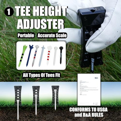 SANDIAN, All-in-1 Value Pak, Adjustable Golf Tee Height Setter with Divot Tool, Genuine Carbon Fiber Made Pitchfork, Super Lightweight, T800 Ball Marker, Hat Clip, Tees, Leather Holster, Zipper Case - color: Shiny Black Full