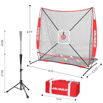 6'X6' Baseball Softball Practice Net,Pitching Net,Batting Net,with Bonus Strike Zone,Target and Bow Frame,for Hitting,Pitching,Catching