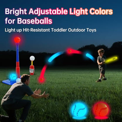 2 in 1 Glow In The Dark T Ball Sets for Kids 3-5 5-8,Light up Tee Ball Set with Automatic Pitching Machine/Adjustable Glow Batting Bat & Stand/6 Balls /2 Glow Balls, Baseball Toys for Toddlers Boys