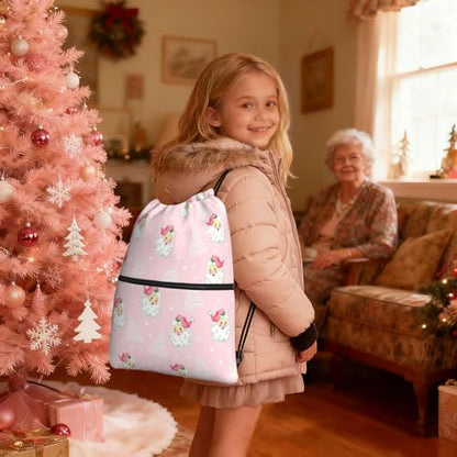 Christmas Tree Santa Claus Drawstring Bag, Waterproof Snowflake Drawstring Bckpack for Gym Sports Xmas Party Gift, Women Durable Pink Sackpack Bag with Front Zipper Pocket and Inside Zipper Pocket - color: Christmas Santa Claus Pink