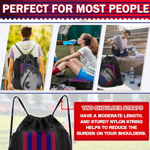 KAEGREEL Drawstring Soccer Bag Basketball Backpack for Kids Teens, Foldable Sports Bags Detachable Ball Mesh Bag for Gym Yoga Football Baseball - color: Black with Red & Blue Stripes