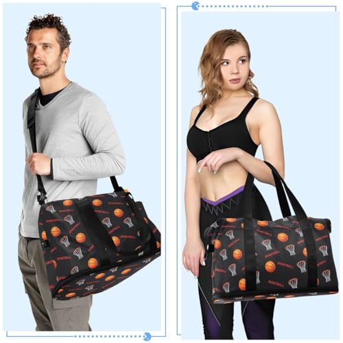 ALAZA Basketball Net Black Travel Duffel Bag Tote Bag Multi Compartment Weekender Overnight Bag with Wet Pocket for Travel Men Women