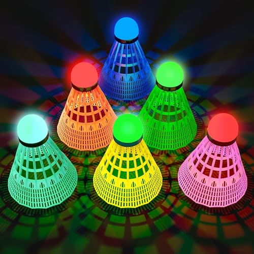 AboveGenius Glow in The Dark Badminton Birdies 6 PCS, 360° Nylon LED Badminton Shuttlecocks for Family Backyards Practice, Long Lasting Light Up Birdie Balls Set for Indoor Outdoor Sports Activities