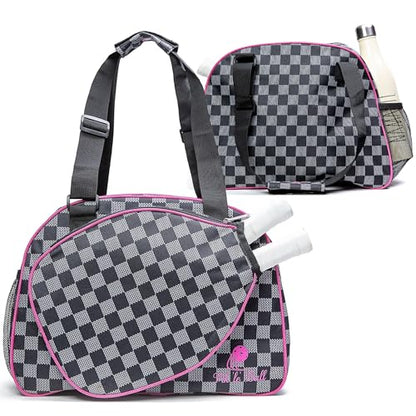 Pik’le’Ball Sport Premium Women's Pickleball Bag – Stylish and Versatile Sports Bag with Water Bottle Holder, Padded Paddle Pocket, and Spacious Design (fits 2+ Paddles!) - color: Checkered Chic Black