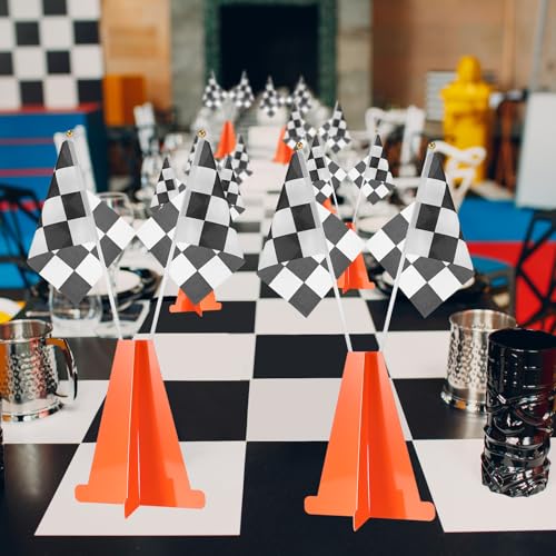 Affrolling Racing Car Party Decorations Include 6 Orange Traffic Cones and 12 Checkered Flags Mini Black and White 7 Inch Cardboard Cones for Race Car Theme Birthday Party Decorations