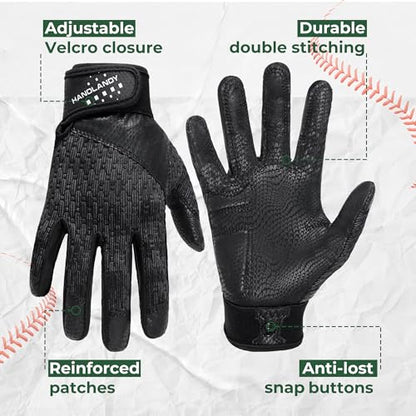 HANDLANDY Baseball Batting Gloves for Adult Youth, Grip Breathable Softball Batting Gloves Fit Men Kids Boys Girls - color: Raven Black-Kids, size: Kids Small