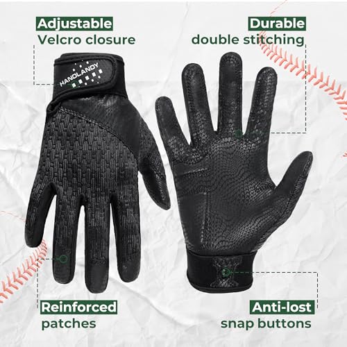 HANDLANDY Baseball Batting Gloves for Adult Youth, Grip Breathable Softball Batting Gloves Fit Men Kids Boys Girls - color: Raven Black-Kids, size: Kids Medium