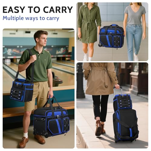 BOSSTIN 3 Ball Bowling Bag with Wheels, 2 Ball Bowling Bags Double roller with 1 Ball Add On Bag, Multi-Pockets & Shoe Compartment (Fits Up to Size 15) - color: Blue