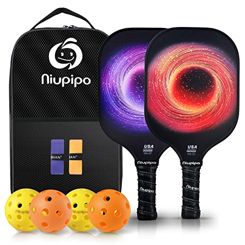 niupipo Pickleball Paddles Set of 2 or 4, USAPA Approved Fiberglass Pickleball Paddle Set with Balls and Bag, Polypropylene Honeycomb Core, Lightweight Pickleball Paddles for Beginners Men Women - color: 1. Orange+Purple