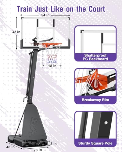 TONBUX Basketball Hoop Outdoor 44/48/54 Inch PC Backboard, 10FT Adjustable Basketball Goal, Portable Basketball Hoop for Kids/Teens/Adults in Backyard, Driveway and Indoor