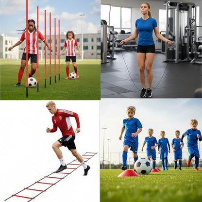 Soccer Agility Training Equipment, 6 Adjustable Soccer Training Agility Poles, 1 Speed Agility Ladder,10 Soccer Agility Cones for Training, 1 Jump Rope + Storage Bag for Youth Soccer Drills - color: red