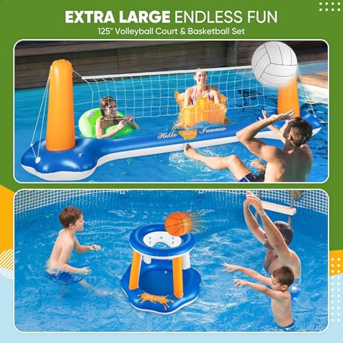 Pool Volleyball Set & Basketball Hoop - 125" Larger Pool Volleyball Net for Inground Includes 2 Balls & 2 Weight Bags, Pool Toys Game for Adults - Volleyball Court (125"x38"x30") - size: 125" Volleyball & Basketball Set