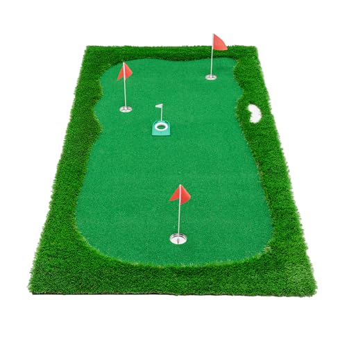 Premium Golf Putting Green Mat for Indoor & Outdoor, 3 Holes with Flags, Realistic Turf & Non-Slip Base, Practice Putting Mat with 6 Balls & Slope Pads - size: 9'10" x 4'11" (L x W)