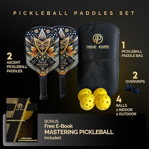 Ascent Pickleball Paddles Set of 2, USAPA Approved Lightweight Fiberglass Paddles, Includes 4 Balls, 2 Extra Grips, and Carrying Bag, Pickleball Rackets Gifts for Beginners & Pros