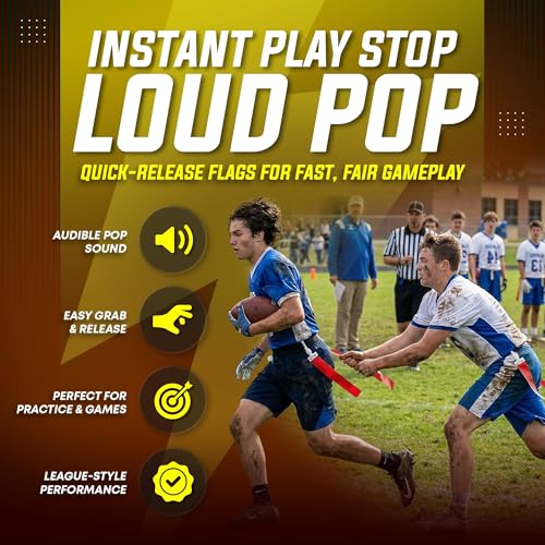 TEYS Flag Football Belts, Adjustable Waist for Youth & Adults, 1 Belt & 2 "POP" - Popper Flags, Heavy Duty Equipment for Game