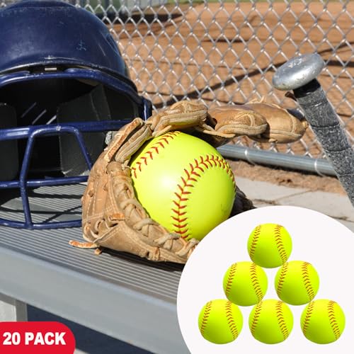 20 Pack Sports Practice Softball with Mesh Bag Unmarked Leather Covered Official Size and Weight Slowpitch Softball Youth Fastpitch Softball Ball Yellow Training Ball for Game and Training