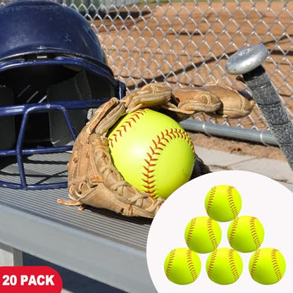 20 Pack Sports Practice Softball with Mesh Bag Unmarked Leather Covered Official Size and Weight Slowpitch Softball Youth Fastpitch Softball Ball Yellow Training Ball for Game and Training