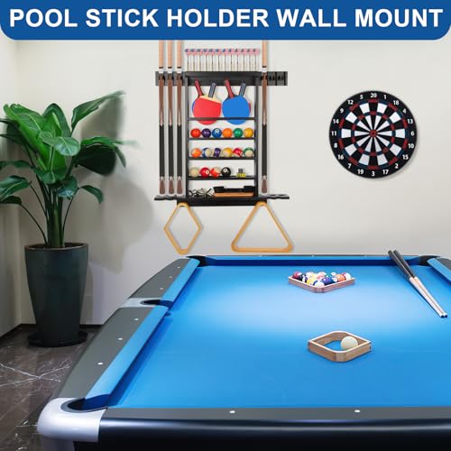Pool Stick Holder Wall Mount, Pool Cue Rack, Ping Pong Paddle Holder, Dart Holder 3-IN-1,100% Solid Wood Billiard Cue Racks,12 Steel/Soft Tip Darts and Table Tennis Accessories for Man Cave - style: 3-IN-1