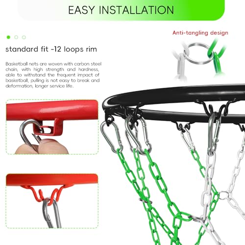 Basketball Net Heavy Duty Replacement,Carbon Steel Chain Basketball net, Anti-Rust Use Indoor Outdoor Standard 12 Loops Hoop - color: Green/White