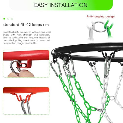 Basketball Net Heavy Duty Replacement,Carbon Steel Chain Basketball net, Anti-Rust Use Indoor Outdoor Standard 12 Loops Hoop - color: Green/White