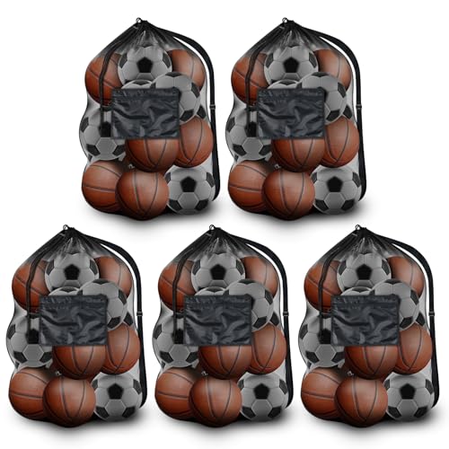 BROTOU 5PCS Extra Large Mesh Sports Ball Bags - Soccer Ball Bag Drawstring Bags with Shoulder Strap for Basketball, Volleyball, Swimming Gear