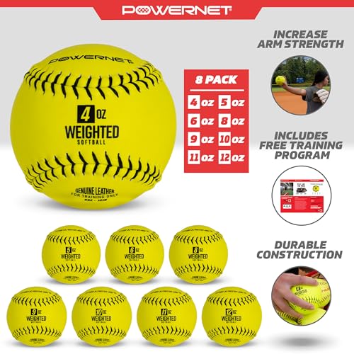 PowerNet Weighted Softballs, Official 12 Inch Size, Progressive Weighted Balls for Softball Training, Improve Throwing Mechanics, 8 Different Weights Included, 4 to 12 oz