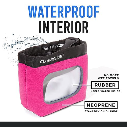 Club Scrub Golf Club and Golf Ball Cleaning Bag, Waterproof Clean Face Technology Liner, Detachable Clip, Machine Washable, Cleans Club Grooves, Dry Exterior (Neoprene or Microfiber Option Available) - color: Pink, style: Neoprene