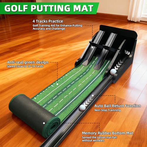 Putting Green Indoor - Practice Uphill Putts, Golf Putting Mat with Auto Ball Return, Golf Training Aid for Home, Office, Backyard, Party Game, Great Gifts for Men Dad