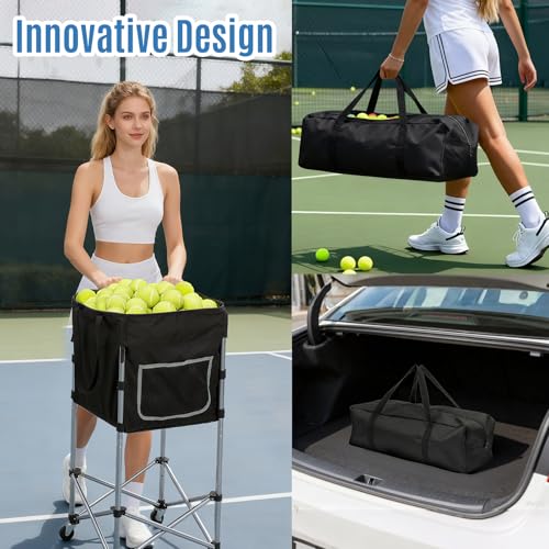 Tennis Ball Cart with Wheels & Brake (180 Capacity) – Heavy Duty Stainless Steel Frame with Detachable Washable Bag – Foldable Travel Hopper for Tennis & Pickleball, Portable Carrier