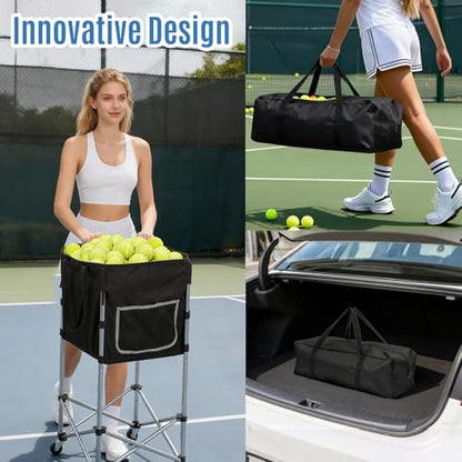 Tennis Ball Cart with Wheels & Brake (180 Capacity) – Heavy Duty Stainless Steel Frame with Detachable Washable Bag – Foldable Travel Hopper for Tennis & Pickleball, Portable Carrier
