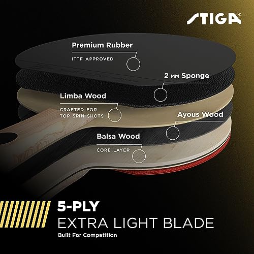 STIGA Bullet Ping Pong Paddle – 5-ply Extra Light Blade – 2mm Premium Sponge – Flared Handle for Masterful Grip – Performance Table Tennis Racket for Competitive Play