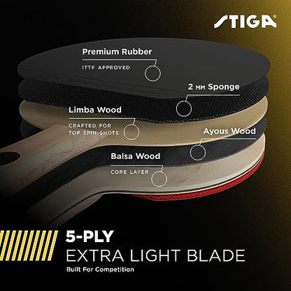 STIGA Bullet Ping Pong Paddle – 5-ply Extra Light Blade – 2mm Premium Sponge – Flared Handle for Masterful Grip – Performance Table Tennis Racket for Competitive Play
