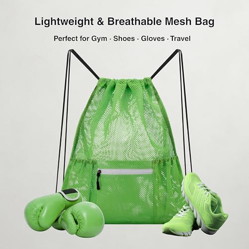 Mesh Sports Drawstring Bag, Large Breathable Gym Sack for Boxing Gloves, Boxing Equipment, Shoes & Training Gear, Lightweight & Durable (Green) - color: Green