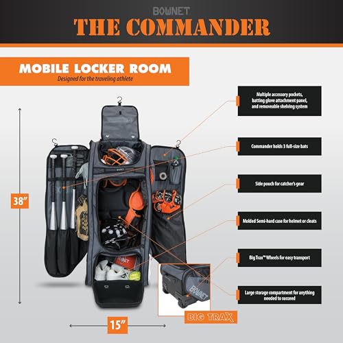 Bownet Commander Catcher’s Gear Bag with Wheels – Heavy Duty Rolling Baseball & Softball Equipment Bag, 14 Pockets, Helmet Case, Big Trax Wheels, Travel Approved - color: Maroon