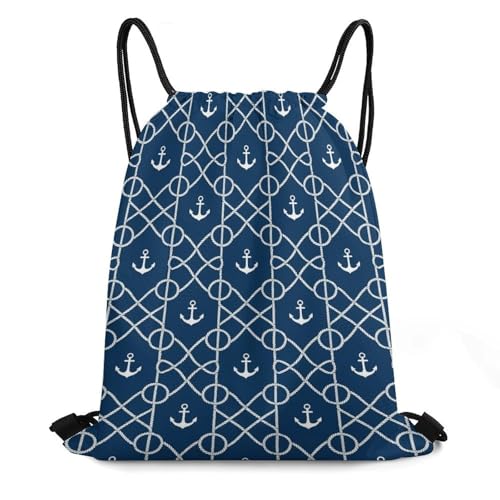 Large Capacity Beam Backpack Drawstring Sack for Basketball Sports Gear Travel Storage Men Women Unisex, Nautical Anchor Chevron Net Navy Bags