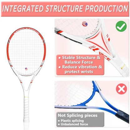 Pro Tennis Racket for Adults, 2 Player 27 inch Speed Tennis Racquet Acceptable for Beginner and Professional with 3 Tennis Balls, 2 Vibration Dampes, 2 Overgrips, Tennis Bag - color: Red