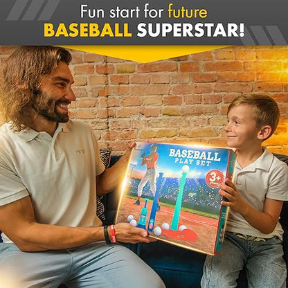 T Ball Stand for Kids and Toddlers 1-3, 3-5, 5-8. Baseball Set Includes 6 Large Balls, an Adjustable Tball Batting Tee, and a Pitching Machine. Kids Bat and Ball, T-Ball Sets for Kids - style: BLUE T BALL