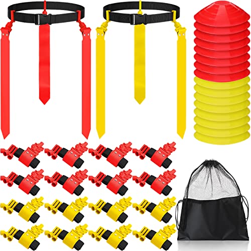 Wettarn 10/16 Player Flag Football Belts Adjustable Flag Football Set with Cones Bag for Youth Adults Kids Training Sport - color: Red, Yellow