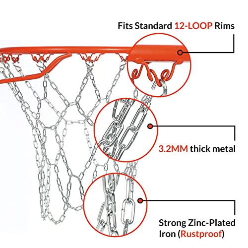 Basketball Net Heavy Duty Metal Chain Replacement with 12 S-Hooks and Set of Pliers to Tighten Hooks | Rustproof Galvanized Iron 21-Inch (53 cm) Net (2.5)