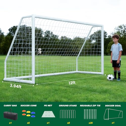 NAIZEA Soccer Goals - 24x8/21x7/18x7/12x6/16x7/10x6/8x6/6x4FT Soccer Goals for Backyard Training- Portable Metal Soccer Net for Youth & Adults - Heavy Duty Steel for Indoor Outdoor Games & Practice - size: 12ft x 6ft, style: Trainer-White/PVC