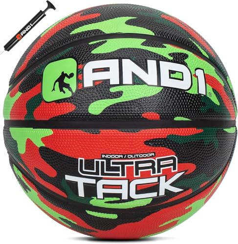 AND1 Ultra Grip Basketball: Official Regulation Size 7 (29.5 inches) Rubber- Deep Channel Construction Streetball, Made for Indoor Outdoor Basketball Games - color: Red/Green