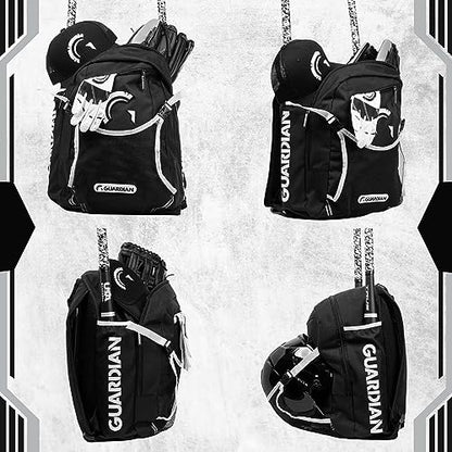 Guardian Baseball Backpack for Youth, Softball Bag for Girls, Durable Bat Bags Baseball Youth Boys and Girls, TBall Bag – Includes Hook to Hang on Fence - color: Black/White