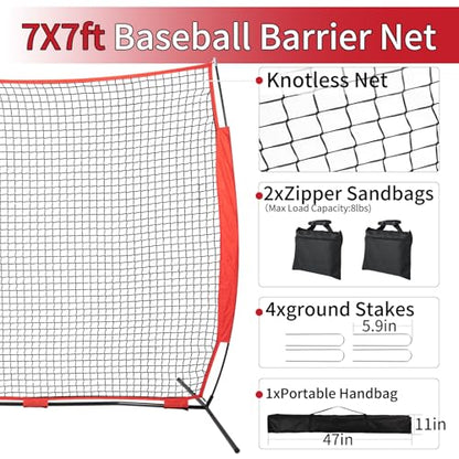 7x7/16x10/20x10ft Backstop Net, Ball Stop Net with Handbag,Fix Sports Net Barrier by 4 Spike&2 Sandbag,Sports Practice Barrier Net for Baseball,Softball,Lacrosse Train,Backstop Net for Backyard - style: 7X7ft red
