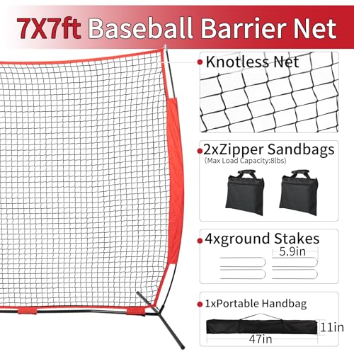 7x7/16x10/20x10ft Backstop Net, Ball Stop Net with Handbag,Fix Sports Net Barrier by 4 Spike&2 Sandbag,Sports Practice Barrier Net for Baseball,Softball,Lacrosse Train,Backstop Net for Backyard - style: 7X7ft red