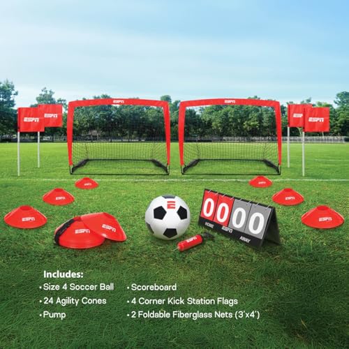 ESPN Soccer Stadium Experience for Kids Includes 2 Nets, Ball, and Youth Soccer Training Equipment, Ideal for Outdoor Games