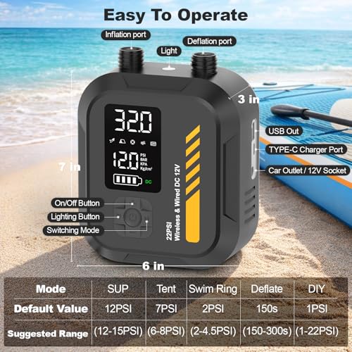 Paddle Board Pump Electric Portable,Rechargeable 22 PSI SUP Air Pump,Dual Power 7800mAh,12V DC Car Plug,Inflation Deflation,Auto-Off,for Paddleboard,Kayak,Kite,Tent,Kayaks - color: Black