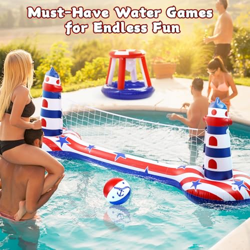 EagleStone Inflatable Pool Float Set with Volleyball Net & Basketball Hoop,2-in-1 Floating Water Games for Kids Adults, Backyard Beach Summer Toys, Heavy-Duty PVC Family Pool Party Essentials - color: Red