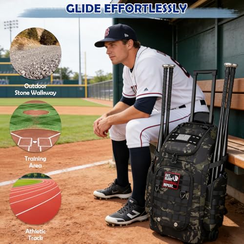 Rolling Baseball Bag with Wheels, Softball Catchers Gear Bags for 4 Bats, Portable Baseball Catcher Bag with Shoe Compartment, Holds All Softball Baseball Equipment - color: Black CM