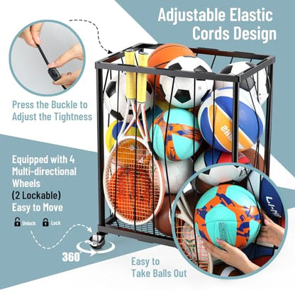 TomCare Garage Ball Rolling Storage Rack Large Capacity Basketball Holder with Elastic Rope [Hold 12-15 Balls][Easy to Take] Garage Sports Equipment Organizer cart with Wheels for Home, Outdoor Use
